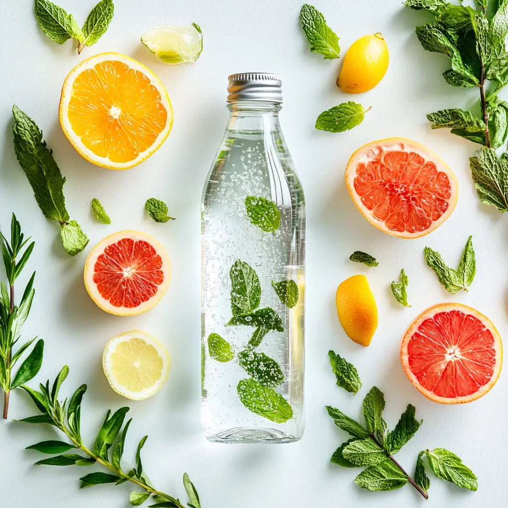 sparkling water in a clear glass bottle