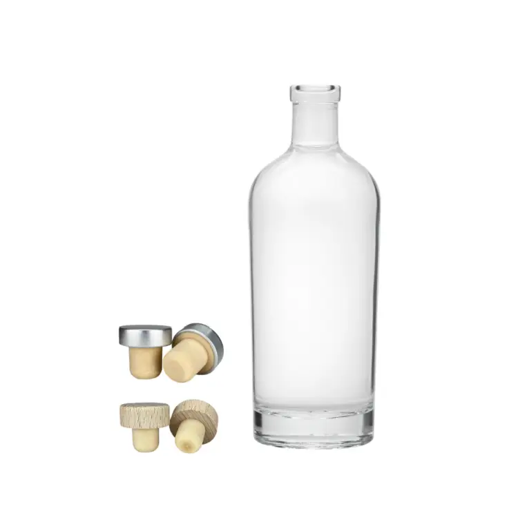750ml round glass whiskey bottle with wooden stopper