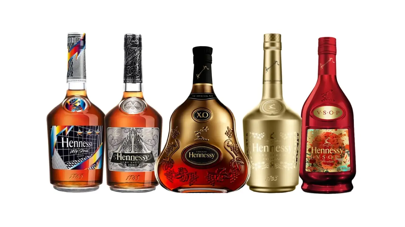 Elegant display of Hennessy Cognac bottles ranging from VS to XO, highlighting premium packaging and design elements